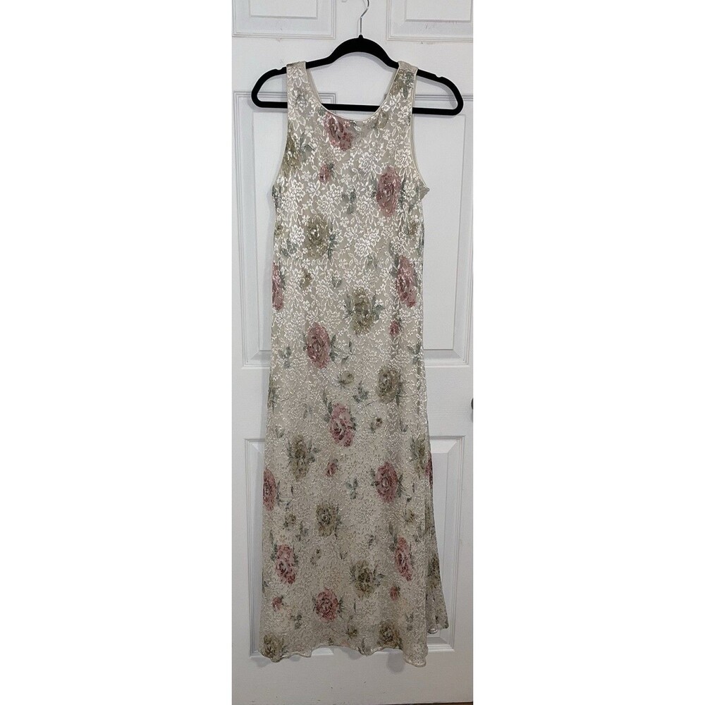 Vintage 90’s Teddi Sleeveless Maxi Dress Cream Lace Roses Size 12 Romantic